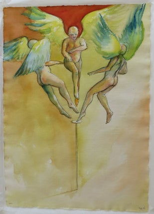 Item #11764 Original watercolor of 3 angels on the head of a pin. Michael Kuch