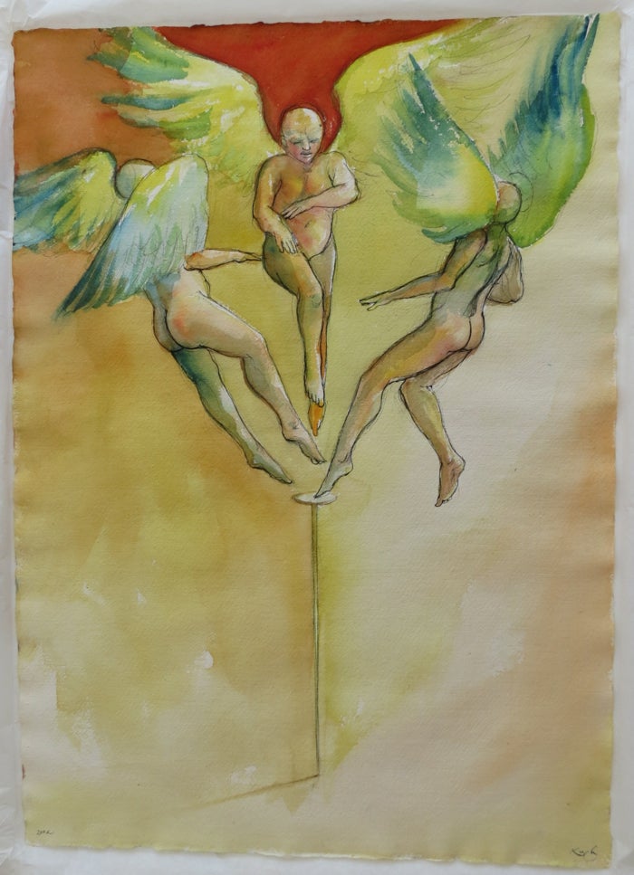 Item #11764 Original watercolor of 3 angels on the head of a pin. Michael Kuch.