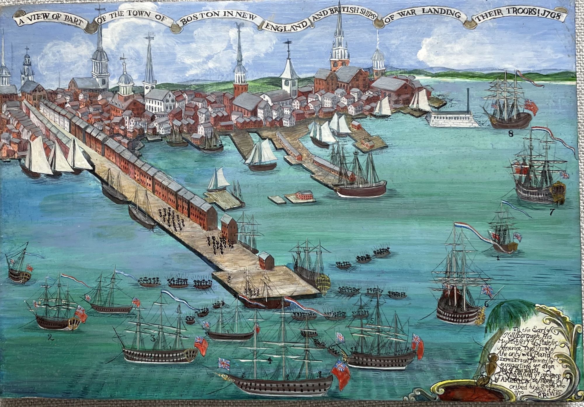 【イギリス風景画】レックス プリンストン Hey Wait for us 真贋 A View of Part of the Town of Boston in New England and British