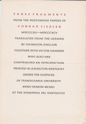 Item #17201 Three Fragments. From the Posthumous Papers of…. Conrad Fiedler