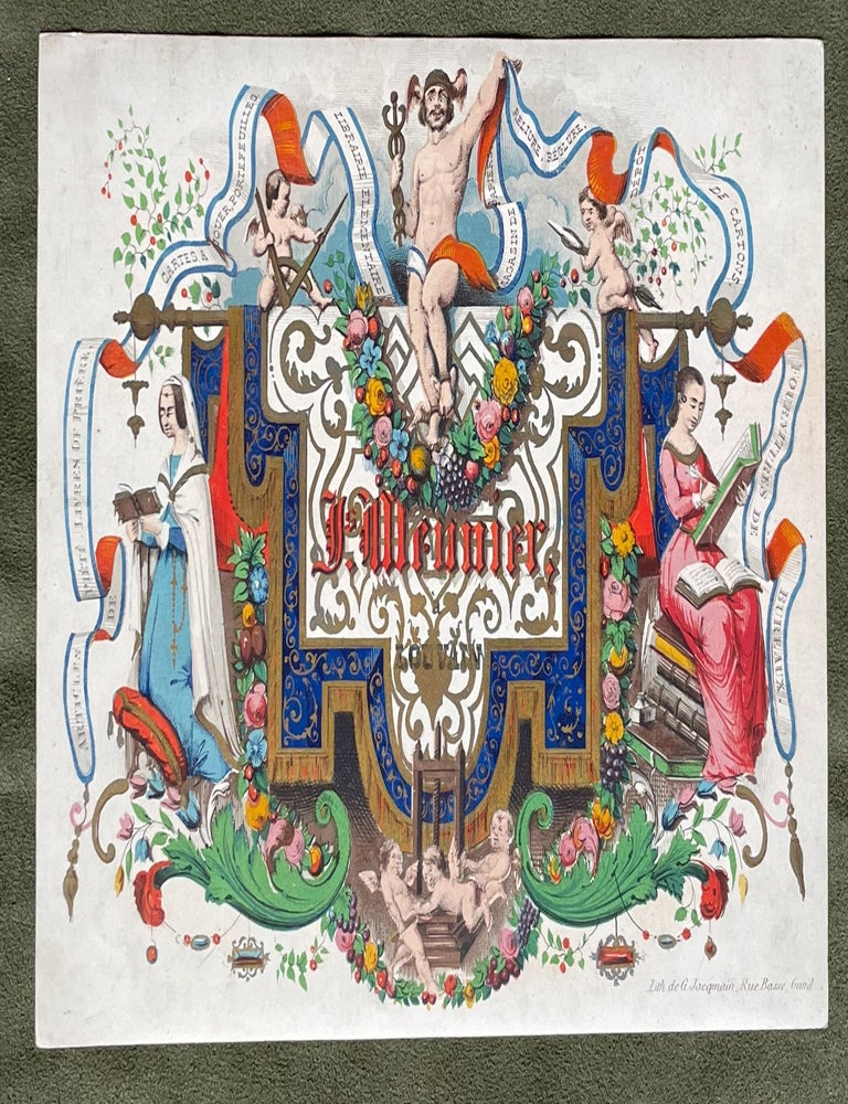 Item #18862 A porcelain trade card for J. Mennier, Bookseller and Stationer in Louvain, Belgium. Jacqmain Chromolithograph.